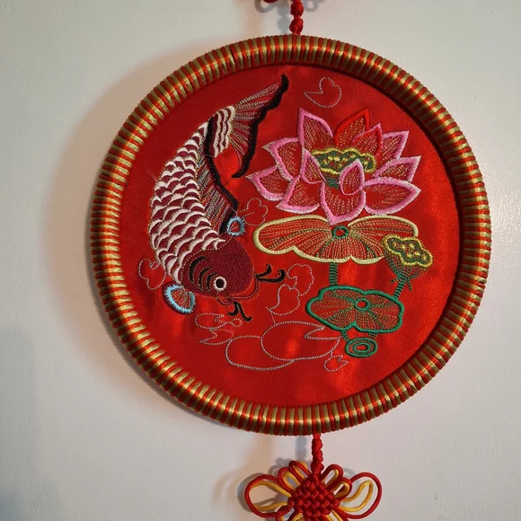 Red Embroidered Wall Hanging with Fish and Lotus